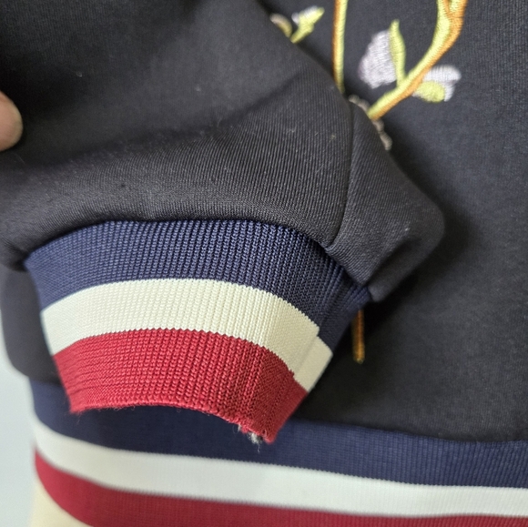 MOLLY BRACKEN Premium Floral Cherry Tree Embroidered Navy Bomber Jacket. Small - Picture 6 of 10